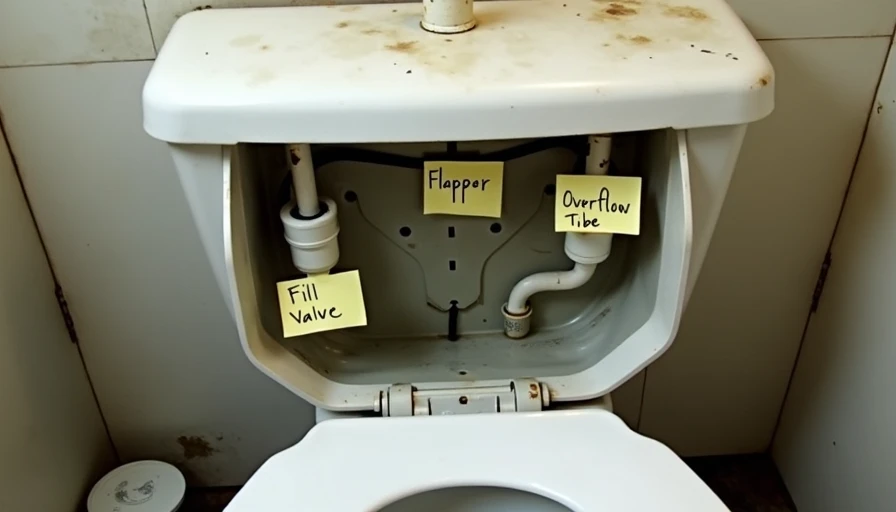 Common parts to check in a running toilet Inside a toilet tank during troubleshooting