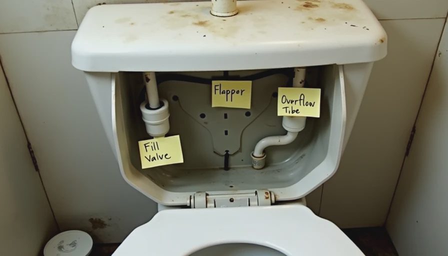 Common parts to check in a running toilet Inside a toilet tank during troubleshooting